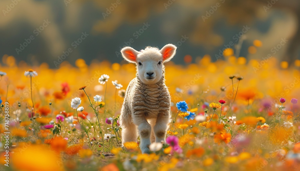 Poster springtime's adorable lamb in a field of flowers generative ai