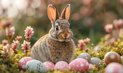 Fototapeta na wymiar Bunny Boosts: Easter Eggs and Flowers Generative AI
