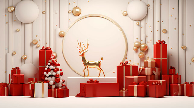 Red Christmas With Golden Gifts, A Group Of Presents And A Deer