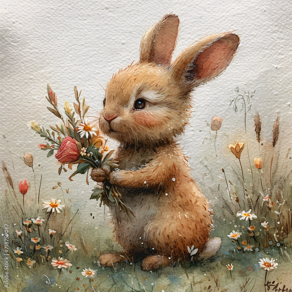 Poster bunny in the field with a flower in its mouth: a cute and springy image for adobe stock generative a