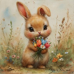 Bunny Boomers: A Cute and Colorful Painting of a Rabbit Holding Flowers Generative AI