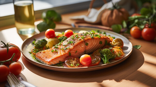appetizing salmon meal with vegetables white plate