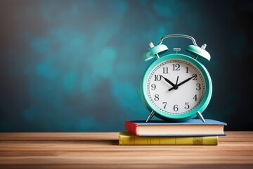 Naklejka premium Alarm clock and stack of books on wooden table. Back to school concept Ai generated