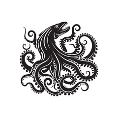 Oceanic Sovereignty: Kraken Silhouette Collection Asserting Dominance in the Enchanted Realms Below - Kraken Illustration - Sea Monster Vector Illustration - Kraken Vector
