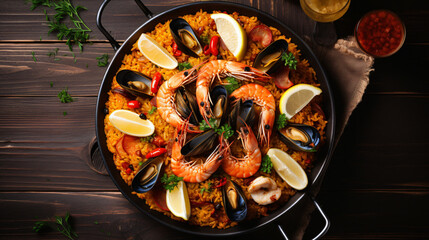Seafood paella. Traditional Spanish dish top view