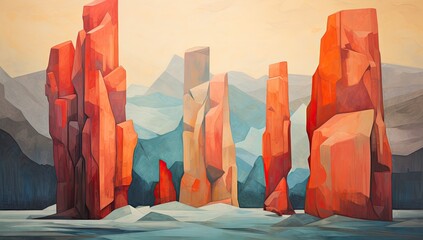 Retro style of mountain painting illustration, abstract colorful background