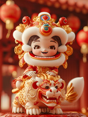 Chinese New Year celebration featuring a lion statue and festive decorations, surrounded by angelic porcelain figurines, toys, and holiday-themed objects