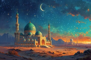 Arabian Nights: A Moonlit Night at the Grand Mosque Generative AI - obrazy, fototapety, plakaty