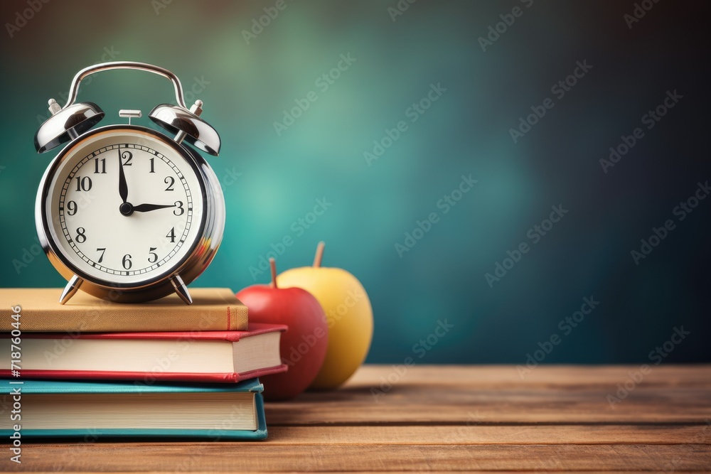 Poster alarm clock and stack of books on wooden table. back to school concept ai generated