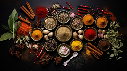 Obraz na płótnie Canvas Set of Various spices on dark stone table.