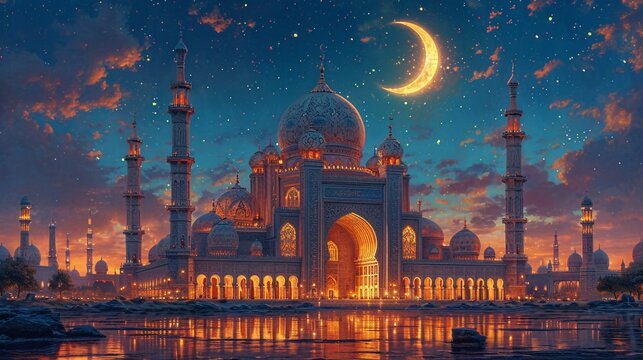 Glowing Moonlit Night at the Grand Mosque Generative AI