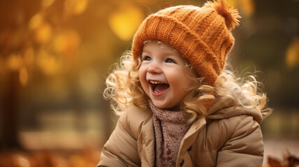 Little child laughing and playing at the park in autumn
