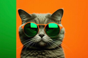 A charming kitty wearing the coolest sunglasses and modern ensemble, standing out on a vibrant green background with an air of feline chic.