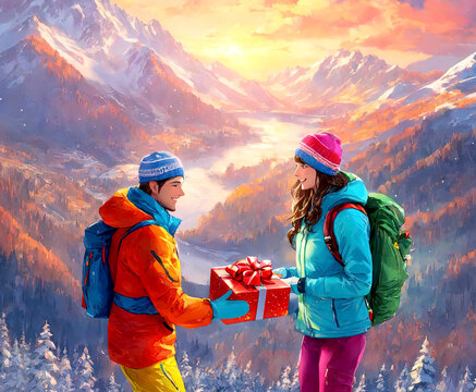 People in the mountains. Couple of lovers. Love. Birthday. Winter. Spring. Watercolor. Nature. Scenery. March 8.