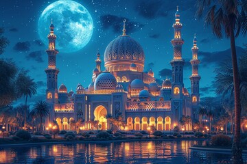 Glowing Moonlit Night at the Grand Mosque Generative AI