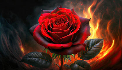 Abstrakcyjna czerwona Róża w ogniu, tapeta, dekoracja. Generative AI