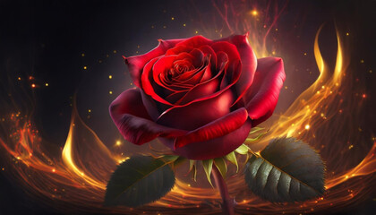 Abstrakcyjna czerwona Róża w ogniu, tapeta, dekoracja. Generative AI - obrazy, fototapety, plakaty