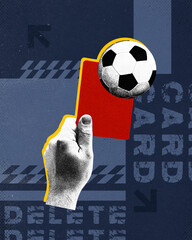Referee hand holding red card. Soccer ball on blue background. Game rules. Modern design. Concept...