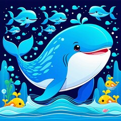 Obraz premium cute whale cartoon vector illustration, Generated AI