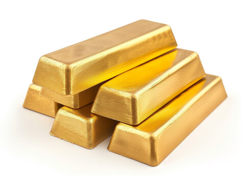 Pile of gold bars isolated on white background in minimalist style.
