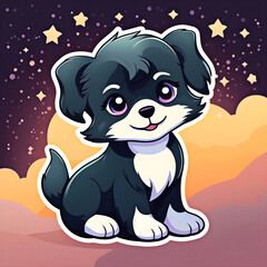 cute cartoon sticker art design of a black and white dog puppy with clouds and a starry twilight night sky