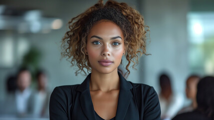 Fototapeta premium Portrait of a beautiful curly woman in an office meeting room.