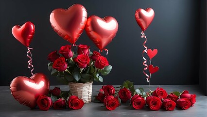 Valentine's Day Art: Roses and Heart Balloons Creating a Romantic Ambiance