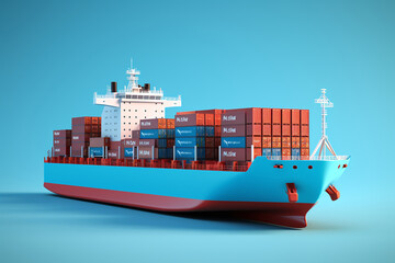 An ocean-going cargo ship full of containers. 3D render. Ai generate.