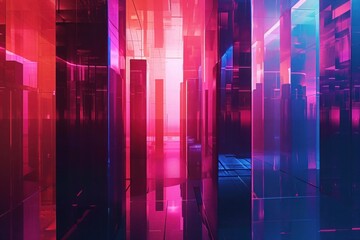  A neon-lit geometric background  with glowing pink and blue lights offers a futuristic and vibrant perspective in modern digital art.., abstract background with lines, neon lights