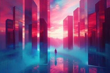 A neon city with person looking to the future, Neon blue and pink lights define the sharp lines and corridors of this synthetic, illuminated space, evoking a sense of urban sci-fi