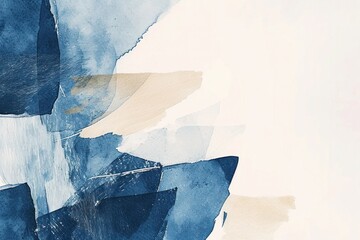 Abstract indigo and beige watercolor painting showcasing minimalist nordic shapes with serene brushwork.., blue background