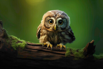 A curious baby owl perched on a wooden branch, its round eyes staring directly at the camera, set against a deep green background.