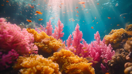 Underwater seascape, vibrant coral reef, teeming with life, colorful, dreamlike. Waterproof camera, macro lens, midday, surreal, underwater film. 