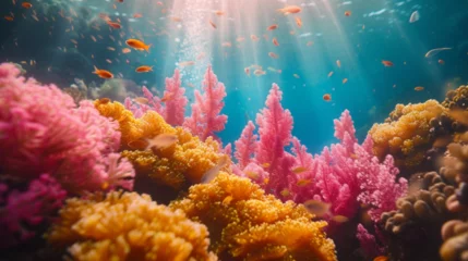 Fototapeten Underwater seascape, vibrant coral reef, teeming with life, colorful, dreamlike. Waterproof camera, macro lens, midday, surreal, underwater film.  © AI By Ibraheem