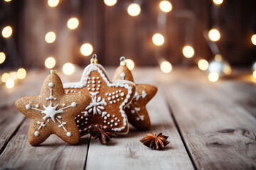 Christmas pastry stars gingerbread on rustic wooden board.