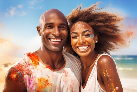 the happy black black couple on the beach