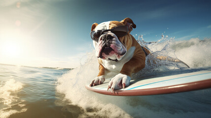 bulldog dogs their outdoor activity is surfing. Ai generate.