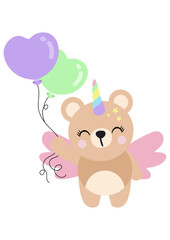 Cute happy unicorn teddy bear holding balloons