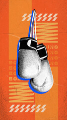 Pair of boxing gloves hanging against orange background with abstract orange elements. Combat sport. Modern design. Concept of sport, attributes, championship. Poster for sport events, schools.