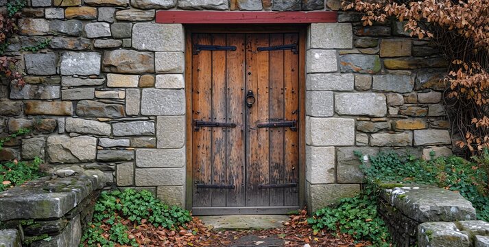 Autumn's Embrace: A Wooden Doorway in a Stone Building Generative AI