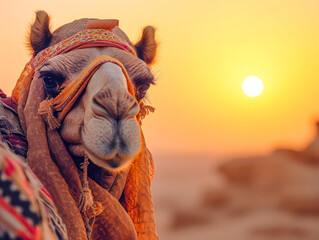 camel in the desert with background-sun