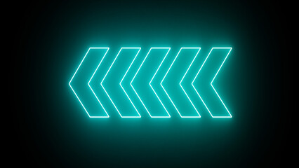 Glowing light blue color neon light arrows sign. 3D rendering left arrow on black background. Left arrow for road direction. Flashing direction indicators. Victor illustration.