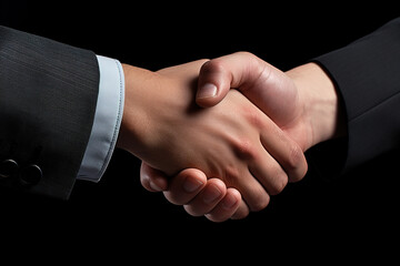 Close up of men shaking hands. Confident businessman shaking hands isolated on black background.