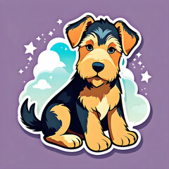 cute cartoon sticker art design of a black and brown Airedale Terrier dog puppy