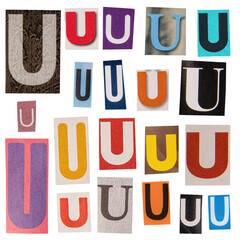 Letter U cut out from newspapers - obrazy, fototapety, plakaty