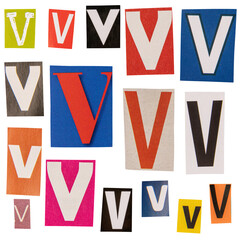 Letter V cut out from newspapers