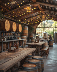 Rustic winery interior with wooden barrels and tables. Vintage cellar concept for interior design and poster
