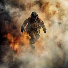 Fototapeta premium Firefighter in action with smoke and fire on a dark background.AI.