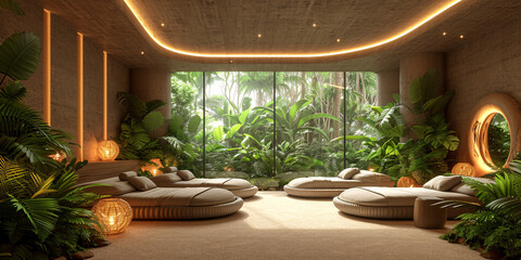 Modern eco-friendly spa lounge with tropical plants. Wellness and relaxation concept for interior design and promotion
 - obrazy, fototapety, plakaty