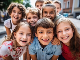 Bunch of cheerful joyful cute little children playing together and having fun. Group portrait of happy kids huddling, looking down at camera and smiling. Friendship concept